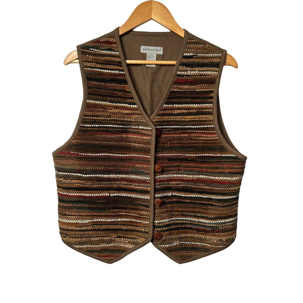 Northern Isles Vintage 1998 Woven Suede Leather Vest L Brown Hippie Western 90s